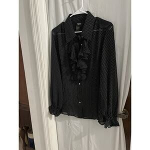 Twiggy London Black White Polka Dot Sheer Ruffle Button Up Blouse Sz L